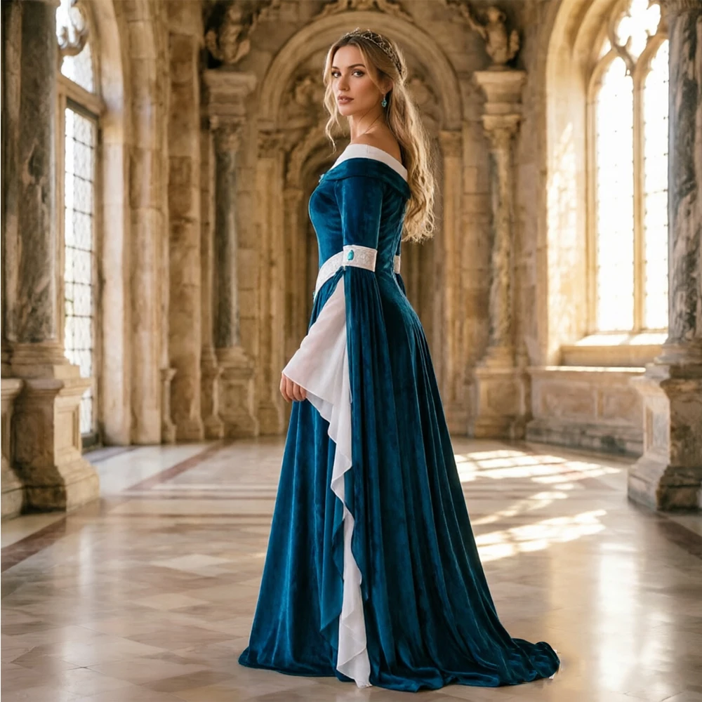 Medieval Renaissance Dress Women - Middeleeuwse Renaissance Elfenstijl Jurk Off-Shoulder Teal